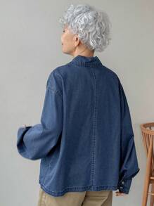 FRIFUL 休闲长袖牛仔衬衫，前部打结，常规长度，牛仔夹克，秋季女装领带前衬衫女式牛仔上衣牛仔衬衫女式领带前牛仔衬衫 - 藍色 - 查看 6