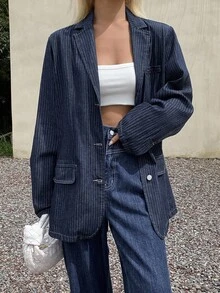 DAZY 女式条纹宽松休闲牛仔夹克 - 灰色 - 查看 3