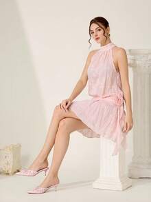 CUCCOO CHICEST 女士尖头一脚蹬高跟鞋，蝴蝶结褶皱设计，优雅细高跟，仿皮，适合通勤、约会、工作，百搭浅粉色穆勒鞋