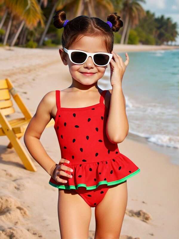 SHEIN Traje de baño de una pieza con estampado de sandía y volantes para niñas para vacaciones de verano en la playa