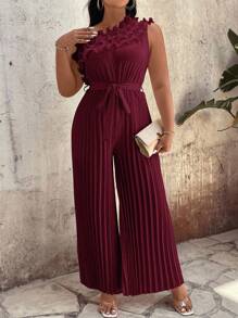 SHEIN Clasi Plus Size Elegant Solid Color Pleated Jumpsuit, Summer - Burgundy - View 3