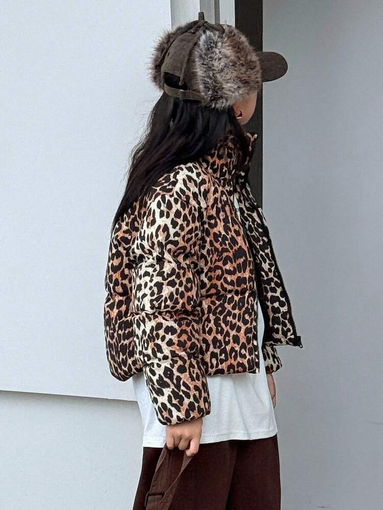 Tween Girl Casual Fashionable Street Style Leopard Print Padded Coat, Winter