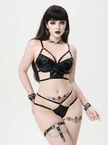 ROMWE Grunge Punk Bộ đồ lót dây và áo ngực có gọng PU Dark Punk, gợi cảm - màu đen - Xem 3