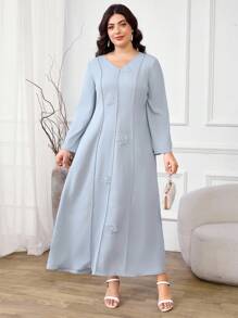 Al Najma Plus Size Women's Solid Color V-Neck Applique Elegant Long Sleeve Arabic Maxi Dress - Green - View 2