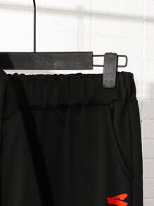 青少年男孩休闲印花连帽衫和抽绳慢跑裤运动服套装，适合休闲、运动和户外穿着 - 黑色 - 查看 3