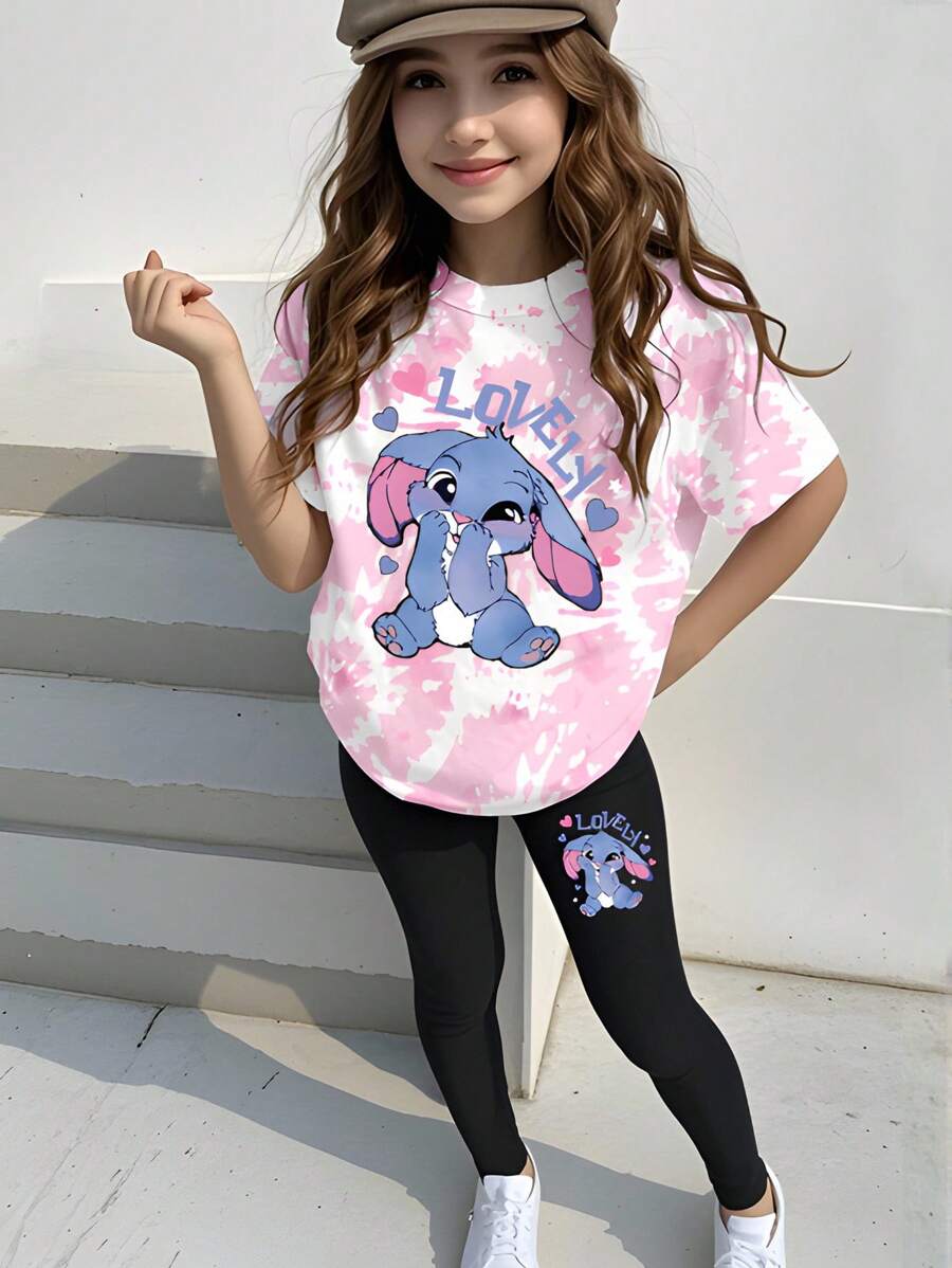 返校少女时尚休闲豹纹樱桃字母图案圆领短袖T恤豹纹打底裤套装个性街头套装夏秋装 - 粉色 - 查看 1