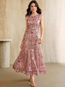 Anewsta 优雅香槟色花卉刺绣网眼无袖连衣裙，女士迷人度假装，春夏装 - 藕粉色 - 查看 1