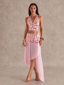 Glamine 女士粉色亮片刺绣花卉交叉露背吊带背心和低腰半身裙，休闲沙滩度假两件套，女士两件套服装，外套，沙滩装，夏季服装，女士套装，独立日服装，适合外出、海滩、返校、音乐节、狂欢节派对、婚礼宾客礼服、婚礼宾客礼服、婚礼宾客正式半身裙、女士生日半身裙、约会之夜女士婚礼宾客礼服 - 彩色 - 查看 7