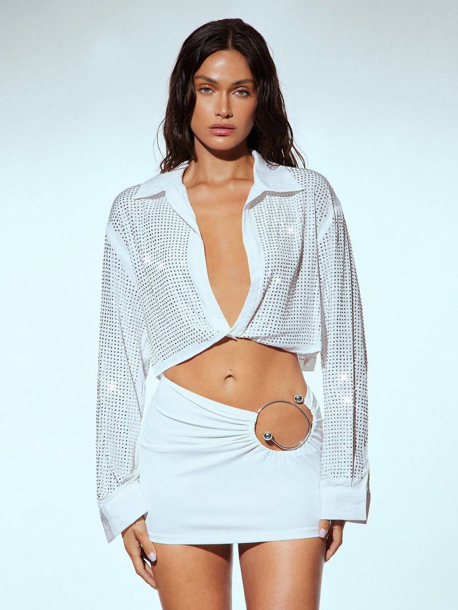 Denimoi Áo croptop tay dài cổ bẻ, đính đá lấp lánh, kiểu dáng xoắn phía trước, cổ khoét sâu, thời trang, thích hợp đi nghỉ mát, Ibiza, mùa hè dễ thương, phong cách mùa hè châu Âu, áo gợi cảm, đi chơi đêm, đi club, đi chơi tối cùng bạn bè, hẹn hò, xem concert - trắng - Xem 1