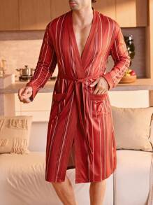 SHEIN Men's Contrast Stripe Dual Pocket Long Sleeve Robe - Multicolor - View 4