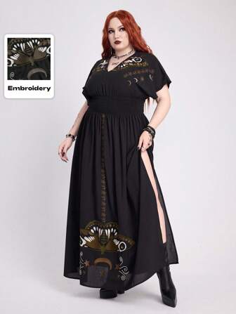 Goth Vestido con abertura alta bordado con luna y polilla, estilo gótico, para playa, de talla grande para mujer, de verano