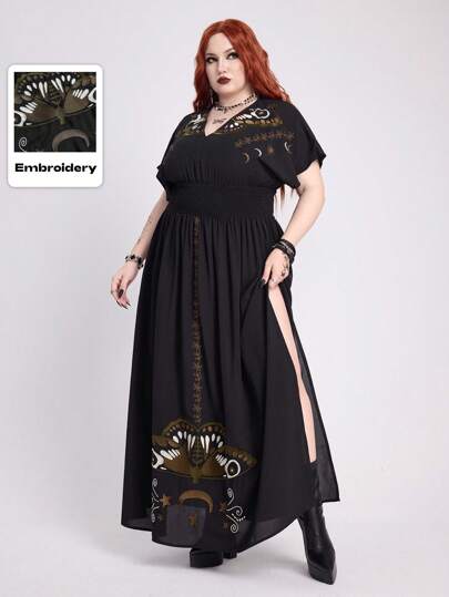 EDITION Plus Size Women Summer Beach Gothic Mysterious Moth & Moon Embroidery High Slit Dress,Back To School
