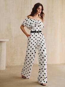 Anewsta 女式夏季新款圆点荷叶边露肩束腰连体裤 - 黑與白 - 查看 4