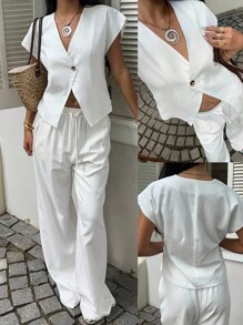 SHEIN EZwear 乡村音乐会全白度假休闲通勤白色梭织夹克 - 白色 - 查看 3