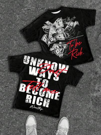 SHEIN Maglietta casual alla moda per ragazzi adolescenti, con grafica di ritratto avvolto in banconote, maglietta a maniche corte con collo tondo e stampa di slogan classica e stilosa, adatta per l'estate