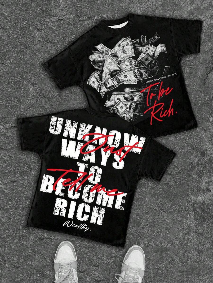 SHEIN Maglietta casual alla moda per ragazzi adolescenti, con grafica di ritratto avvolto in banconote, maglietta a maniche corte con collo tondo e stampa di slogan classica e stilosa, adatta per l'estate