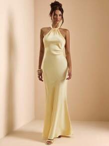SHEIN BAE Solid Bright Yellow Satin Backless Halter Long Dress, Elegant Satin Dress, Bridesmaid Dress, Guest Dress For Wedding, Brunch Dress, Backless Dress, Spring/Summer - Yellow - View 5