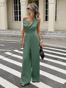 SHEIN Frenchy Women's Solid Color Asymmetric Collar Wide Leg Loose Jumpsuit Elegant Chic Summer Green Green - Green - View 6