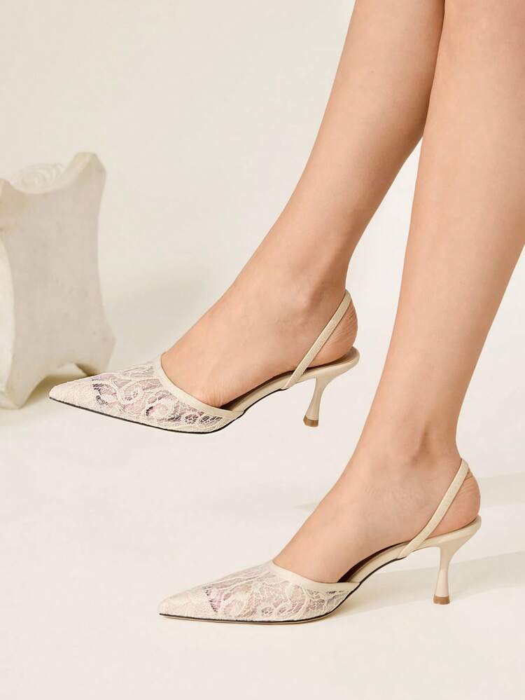 CUCCOO CHICEST Women's Floral Embroidered Lace Pointed Toe Stiletto Mid Heel Elegant Vintage Retro Court Shoes, Beige Mesh High Heels For Formal Occasions, Wedding Guest, Afternoon Tea, Date, Party, Holiday Season