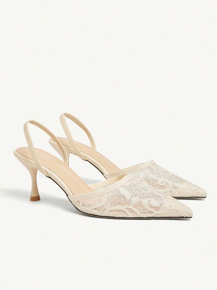 CUCCOO CHICEST Women's Floral Embroidered Lace Pointed Toe Stiletto Mid Heel Elegant Vintage Retro Court Shoes, Beige Mesh High Heels For Formal Occasions, Wedding Guest, Afternoon Tea, Date, Party, Holiday Season