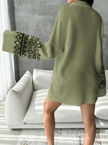 EURMUSE Women's Autumn Winter Casual Geometric Pattern Beaded Decorative Sweater - Olive Green - View 2