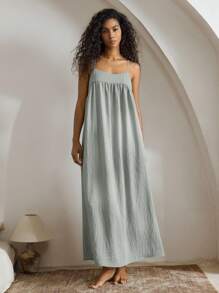 Ocili Leisure Women Natural Linen Striped Slip Dress, Comfortable Nightgown Home Dress - Baby Blue - View 4