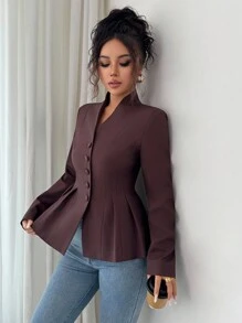Elenzga 女士休闲优雅纯色 V 领褶皱 A 字夹克，适合通勤、度假、下午茶、派对、秋冬 - 棕色 - 查看 5