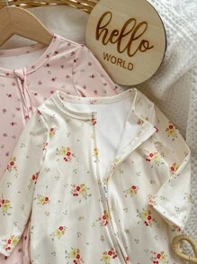 Conjunto de 2 piezas para bebé niña: Mono de manga larga con cremallera al frente, cuello redondo, suave y amigable con la piel, con estampado floral minimalista - Multicolor - Ver 7