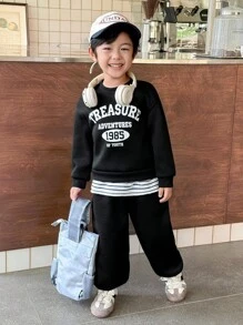 Genkimix Kids 两件套男童针织印花卫衣和裤子套装，韩版风格 - 寶藍色 - 查看 3