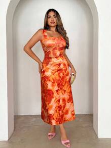 Xyvia Women's Random Floral Print Sleeveless Midi Dress - Orange - View 4