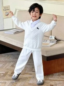 Genkimix Kids Bộ quần dài 2 trong 1 dệt kim cổ chữ V cho bé trai, phong cách Hàn Quốc, thường ngày - trắng - Xem 6