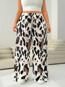 Solflare 大码春季浪漫豹纹休闲抽绳腰褶阔腿裤