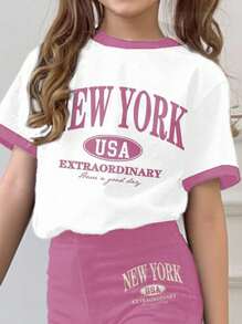 SHEIN 2 件套年轻女孩休闲卡通图案圆领短袖上衣和喇叭裤套装，适合夏季