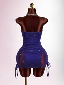 Amplova 性感透明闪光抽绳设计女士抹胸迷你连衣裙