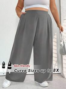 SHEIN CURVE+ 大码休闲纯色阔腿裤 - 灰色 - 查看 2