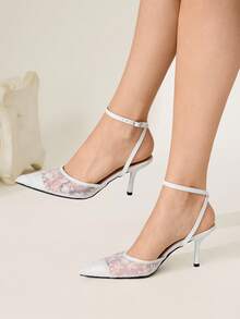 CUCCOO CHICEST Giày cao gót mũi nhọn ren thêu hoa thanh lịch, ngọt ngào, lãng mạn, thời trang, thoải mái, lưới trắng, quai mắt cá chân, dành cho khách dự tiệc cưới, tiệc trà chiều, hẹn hò, tiệc tùng, ngày lễ - trắng - Xem 6