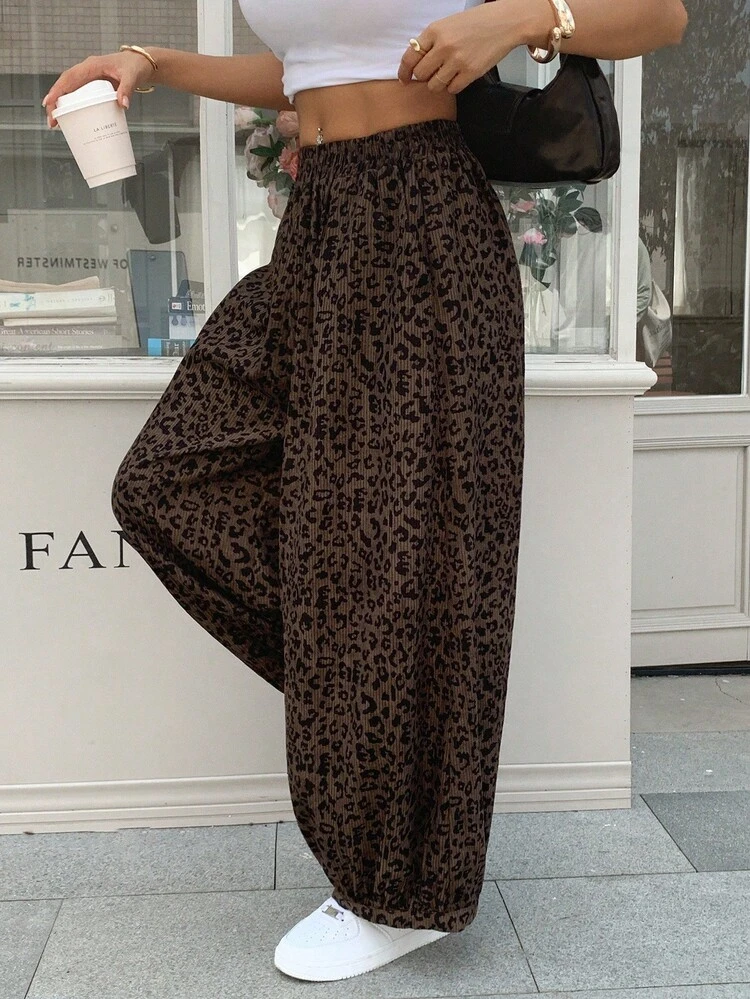 Women's Elastic Waist Leopard Corduroy Loose Lantern Pants, Casual Street Style Long Trousers