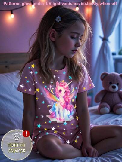 Young Girls Pajamas Set - Pink Glow-In-The-Dark Unicorn Print, Fashion High Stretch Fabric Short Sleeve Top And Shorts, Tight-Fit Sleepwear