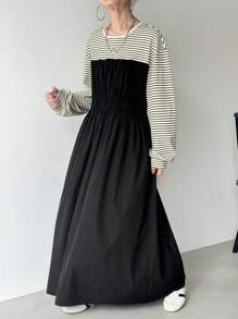 FRIFUL Women's Round Neck Splicing Striped Camisole 2 In 1 Long Dress, Autumn Long Sleeve Dress Striped Dress Winter Dress Korean Dress Black Dress - Black - View 1