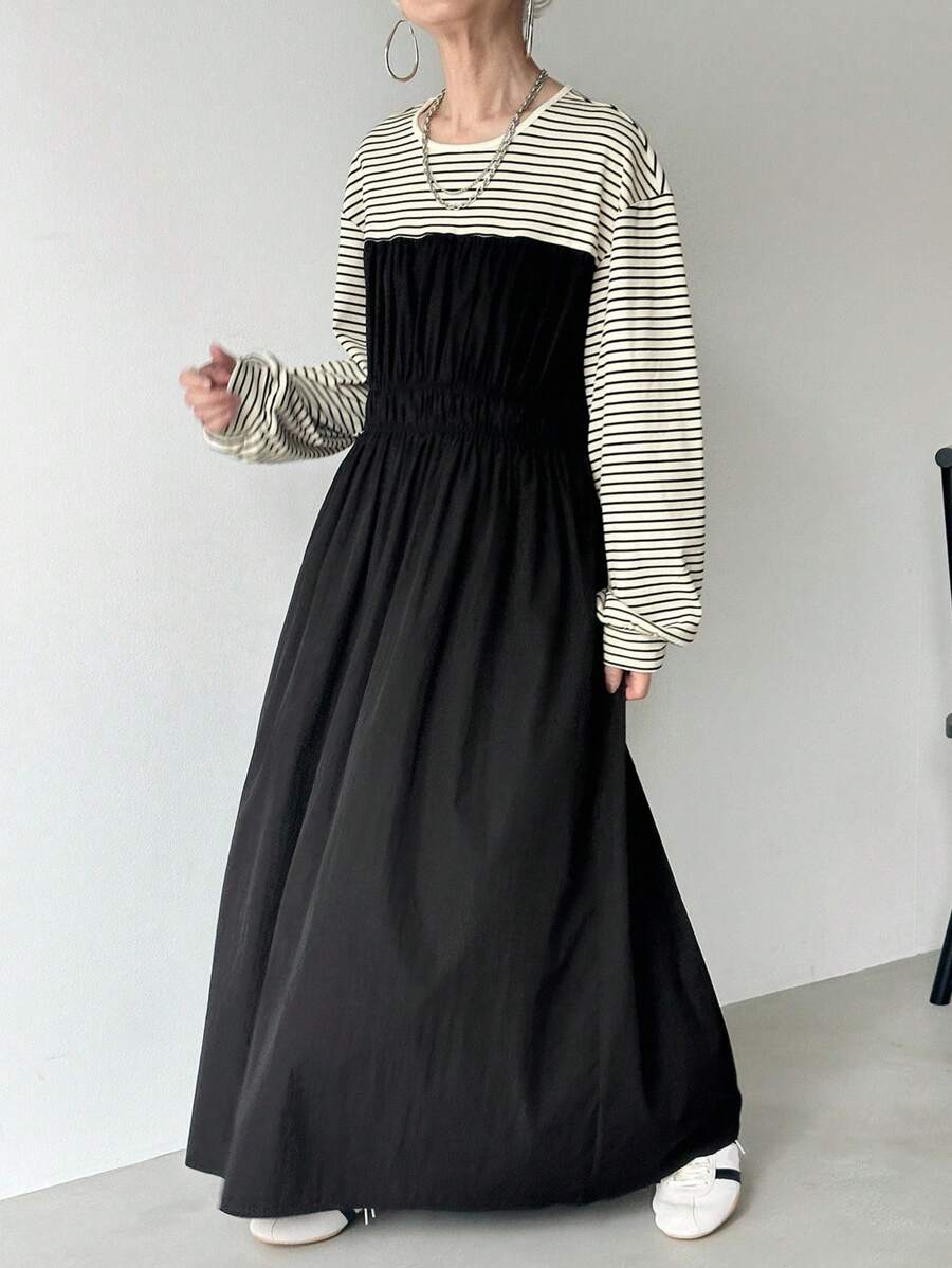 FRIFUL Women's Round Neck Splicing Striped Camisole 2 In 1 Long Dress, Autumn Long Sleeve Dress Striped Dress Winter Dress Korean Dress Black Dress - Black - View 1