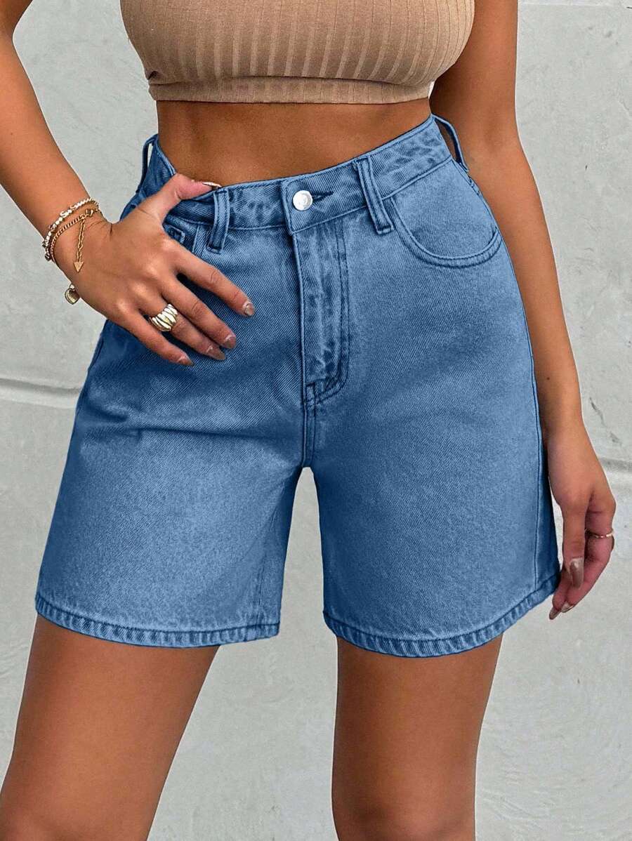 EURMUSE 100%Cotton LIGHT WASH HIGH WAIST SHORT - Blue - View 1