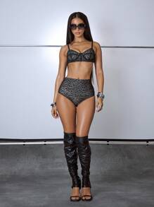 MUSERA High Waist Leopard Mesh Nude Underlay Shaping Shorts Only Holiday Vacation Club Ibiza Festival Rave Occasion Y2K Sexy Going Out, Birthday, Night Out, Lace, , Streetwear, Grunge, Club, Winter - Black - View 1