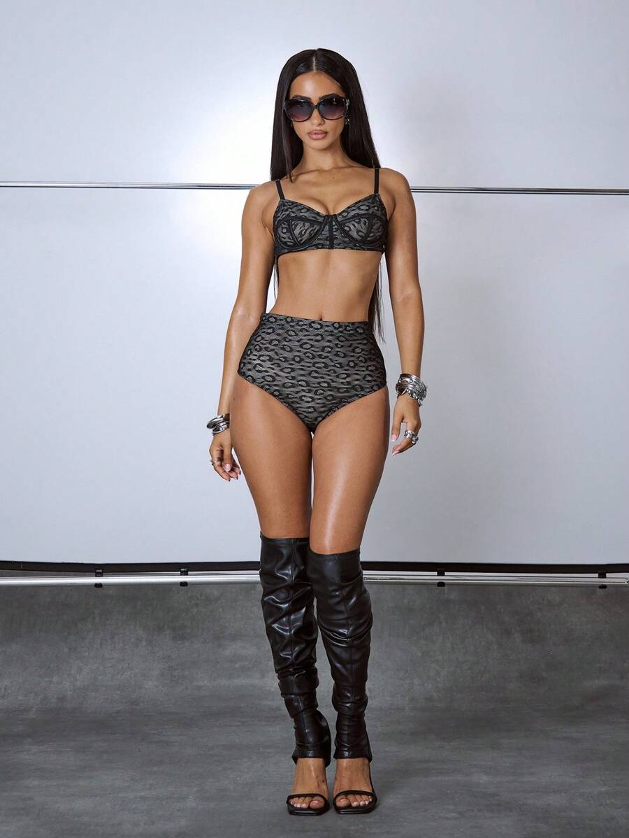 MUSERA High Waist Leopard Mesh Nude Underlay Shaping Shorts Only Holiday Vacation Club Ibiza Festival Rave Occasion Y2K Sexy Going Out, Birthday, Night Out, Lace, , Streetwear, Grunge, Club, Winter - Black - View 1