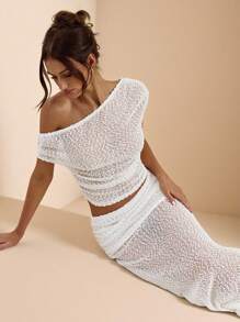 SHEIN BAE Conjunto de 2 piezas para mujer compuesto por top de encaje de red textura de ganchillo de color bliso sólido y falda larga transparente de cintura baja, adecuado para playa, vestido de verano, vestido blanco, vestido para brunch, vestido elegante - Albaricoque - Ver 3