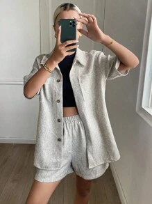 DAZY 2件套女士夏季休闲条纹衬衫和短裤套装 - 米色 - 查看 6