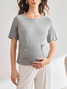BloomMama Maternity Solid Color Round Neck Short Sleeve Dual Pocket Casual Top - Grey - View 1