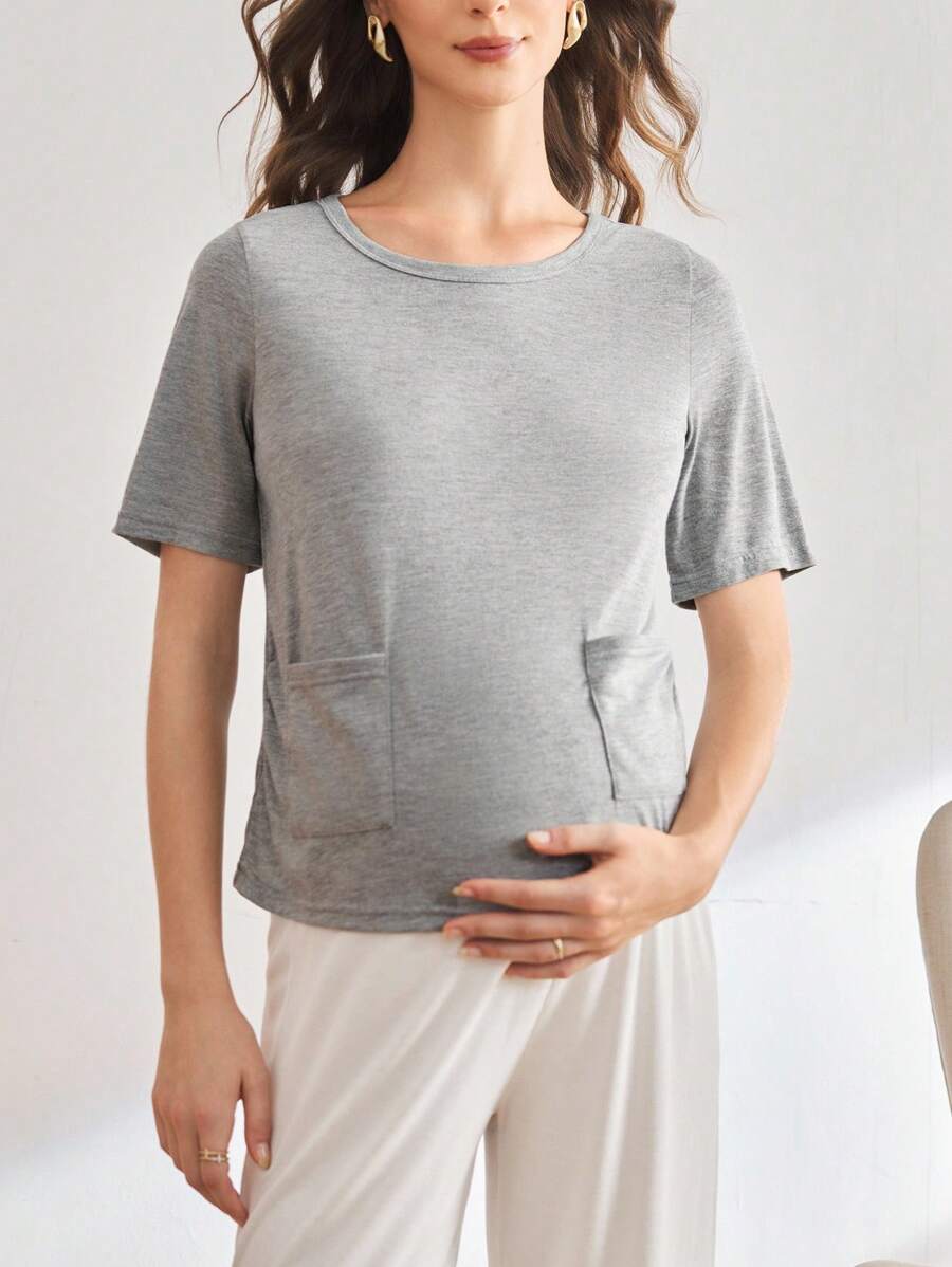 BloomMama Maternity Solid Color Round Neck Short Sleeve Dual Pocket Casual Top - Grey - View 1