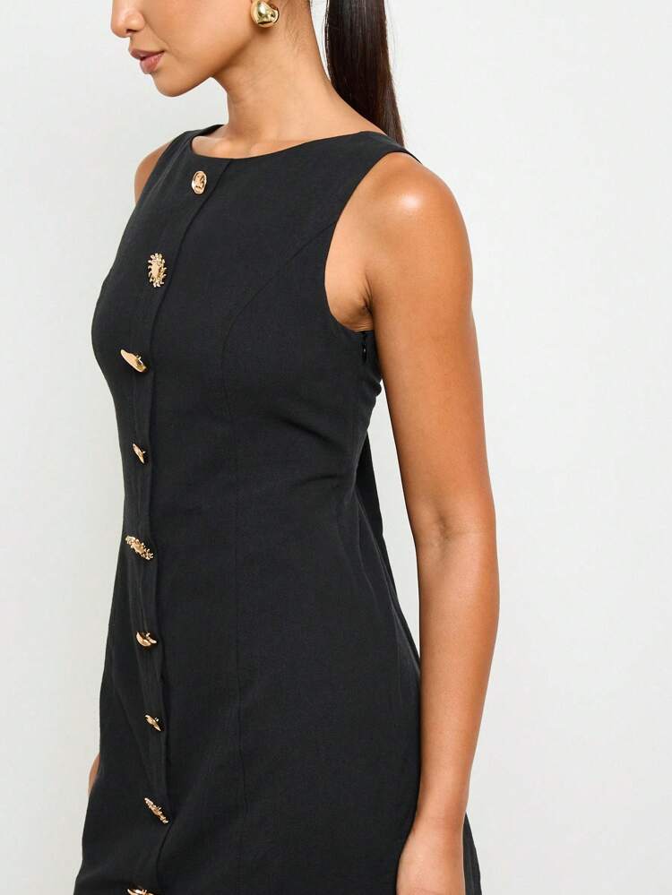 AiiRZ Sleeveless Linen Feel Mini Dress With Button Front