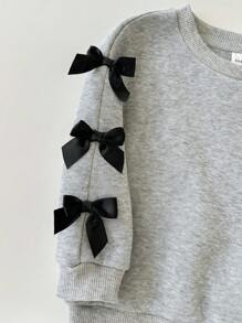 SHEIN 2件套女婴休闲针织灰色蝴蝶结长袖运动衫和裤子套装