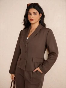 Elaquor 大码女式优雅简约基本款都市时尚西装套装，西装外套 + 裤子，适合办公室通勤，秋冬季 - 咖啡棕 - 查看 6